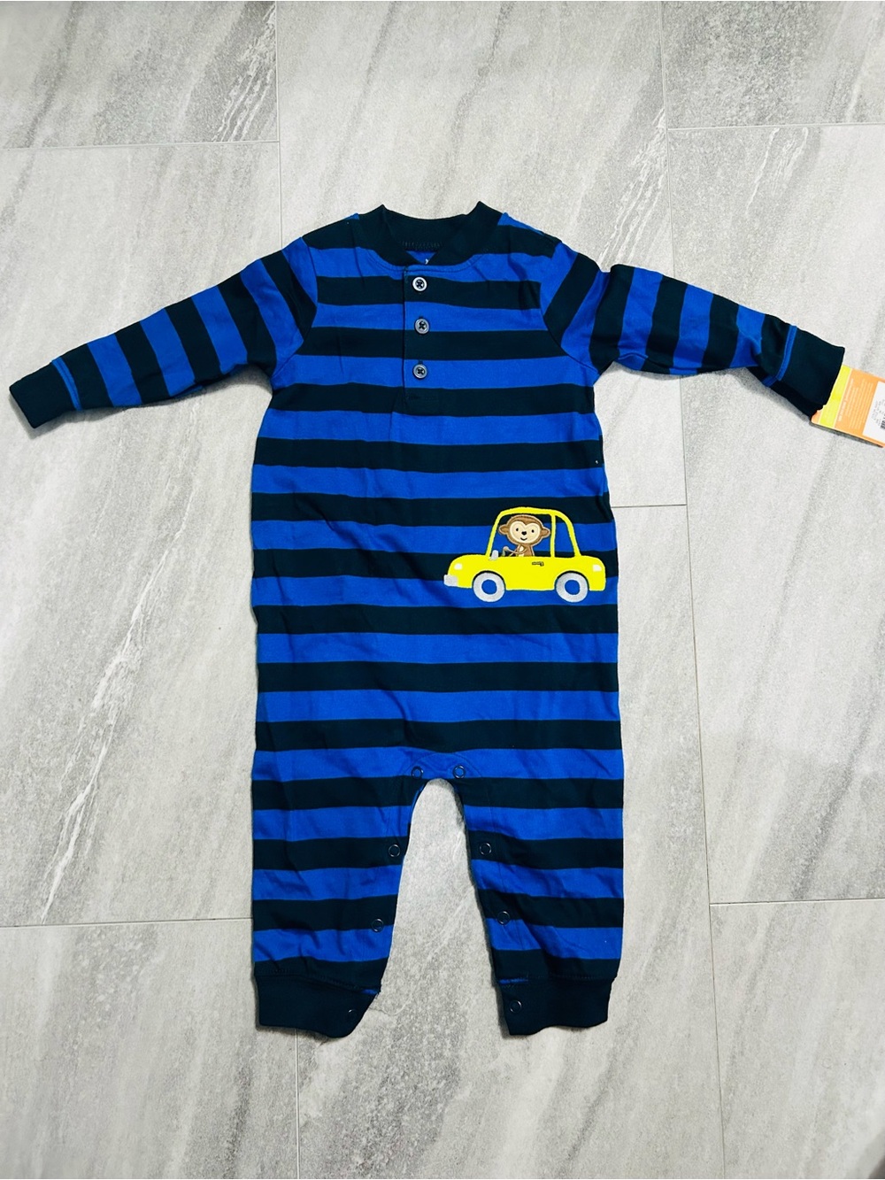 Striped Blue Kids Footie with Yellow Car Applique